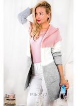 Pletený svetr s kapucí růžová/bílá/šedá
