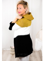 Pletený svetr s kapucí mustard/bílá/černá