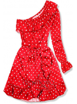 Červené puntíkované šaty na jedno rameno