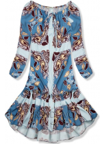 Modré vzorované šaty s volánovou sukní