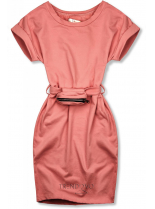 Lososově růžové basic šaty s malou taškou v pase