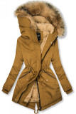 Camel hnědá zimní parka s umělou kožešinou